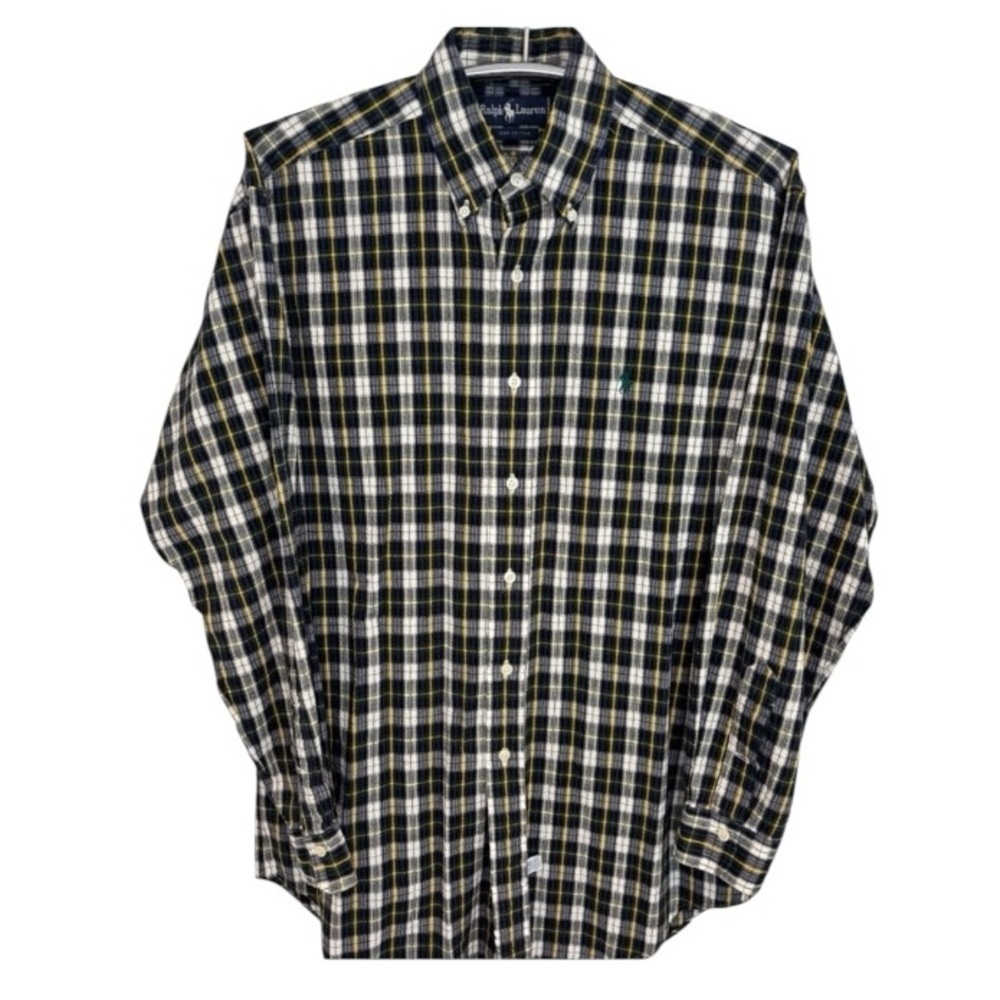 Ralph Lauren Men's 100% Cotton Navy and Yellow Plaid Button Up Flannel Shirt
